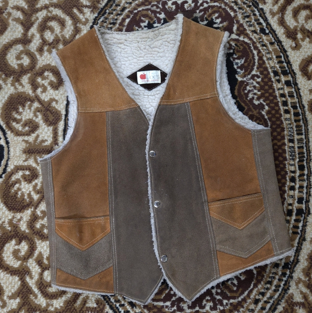 Vintage Western Leather Suede Vest 70s Faux Shearling 1970s Patchwork Distressed